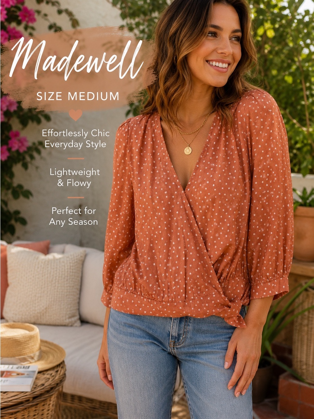 Madewell Medium Wrap Blouse Rust Star Print 3/4 Sleeve Surplice Top Cottagecore
